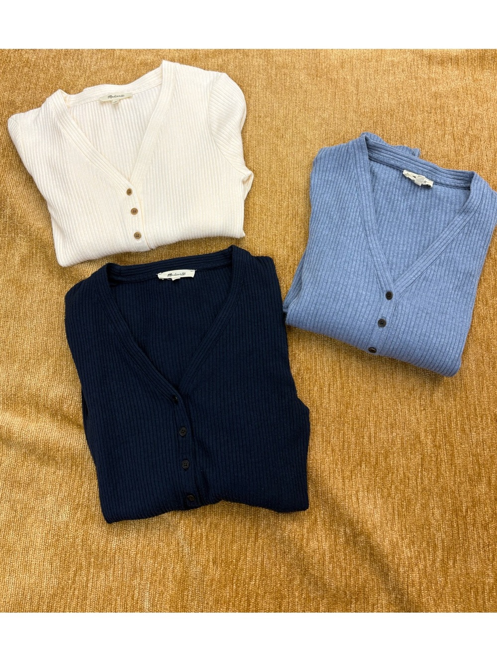 Madewell Ribbed V-Neck Button Sweater bundle Navy, Light Blue, Ivory size small
